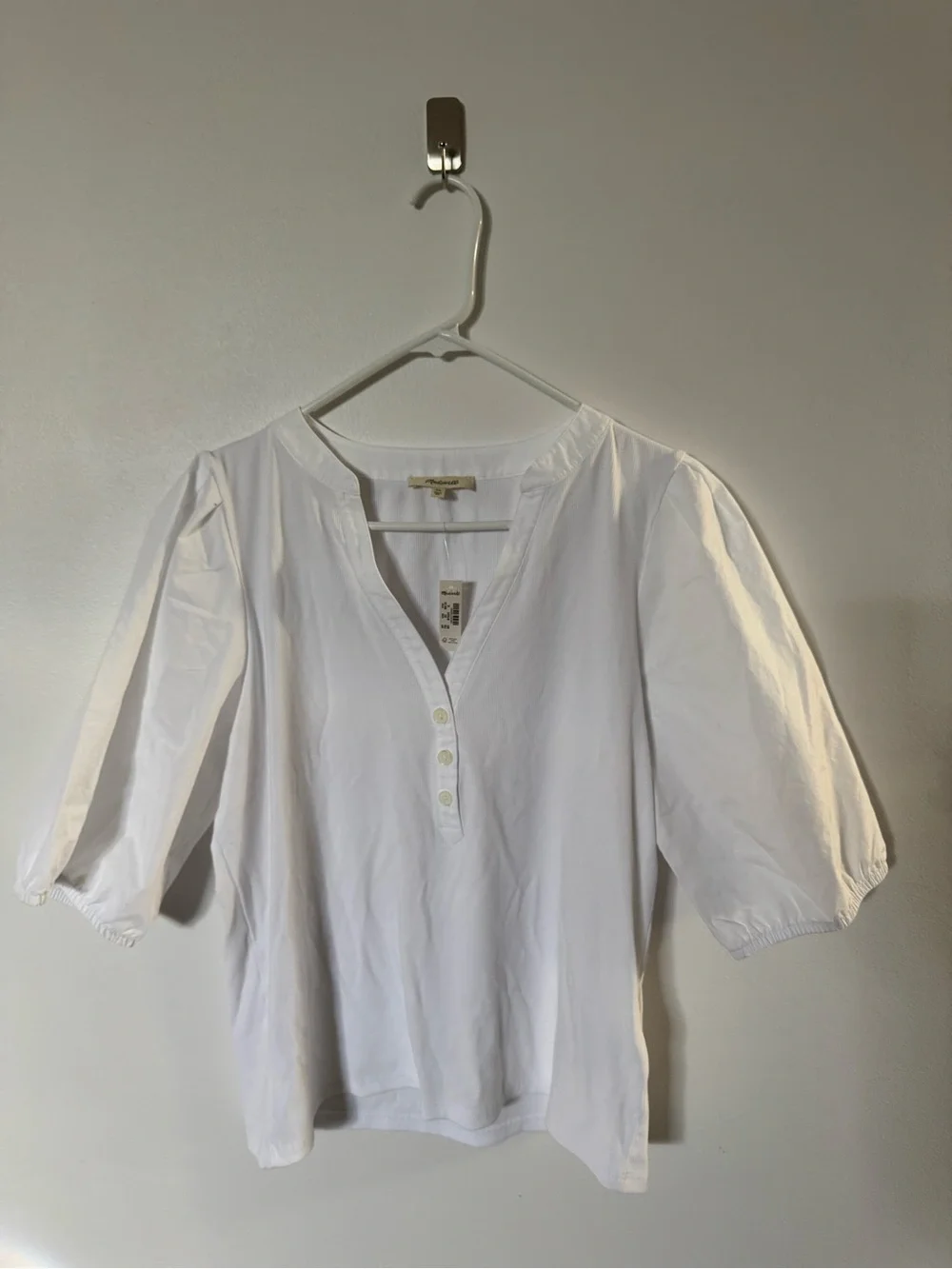 Madewell White Puff-Sleeve Henley Top, XL